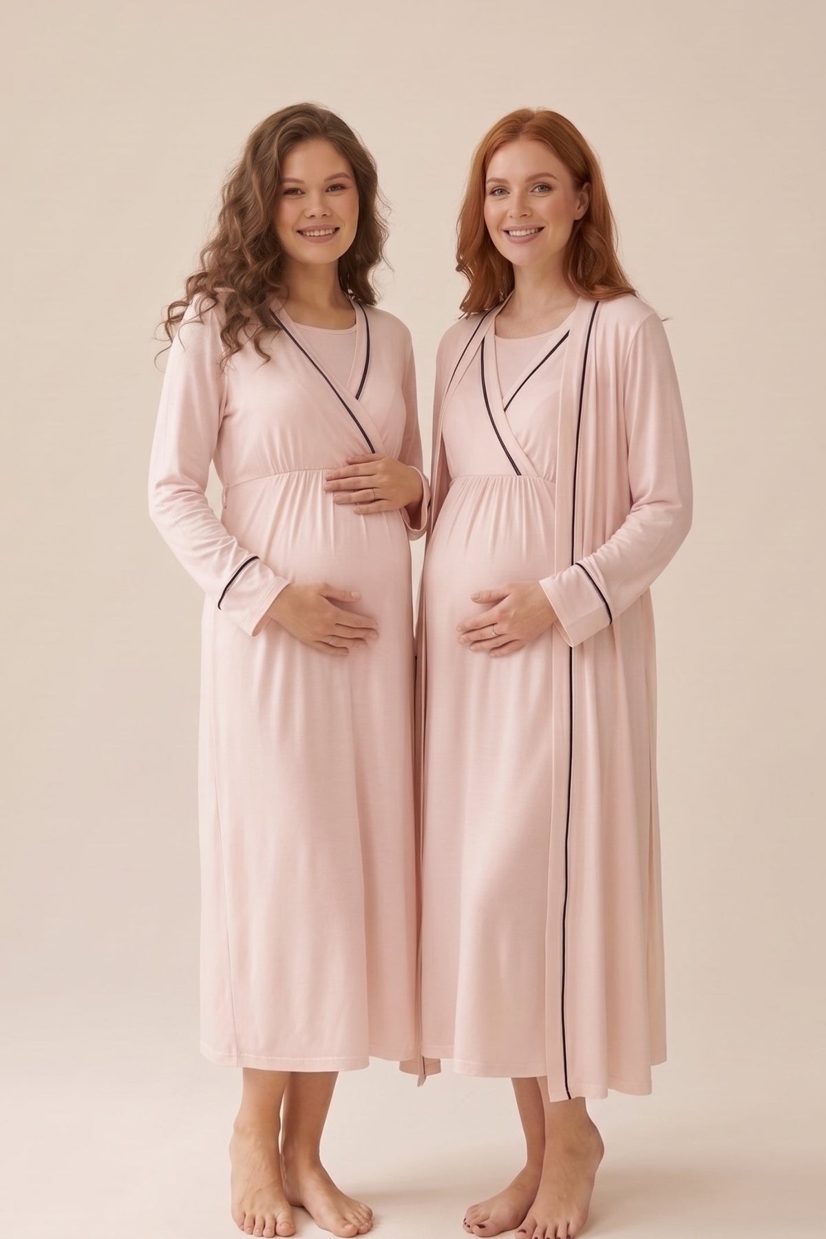 Pembe Gizli Emzirme Özellikli Uzun Kollu Biyeli Sabahlıklı Lohusa Gecelik Takımı 543