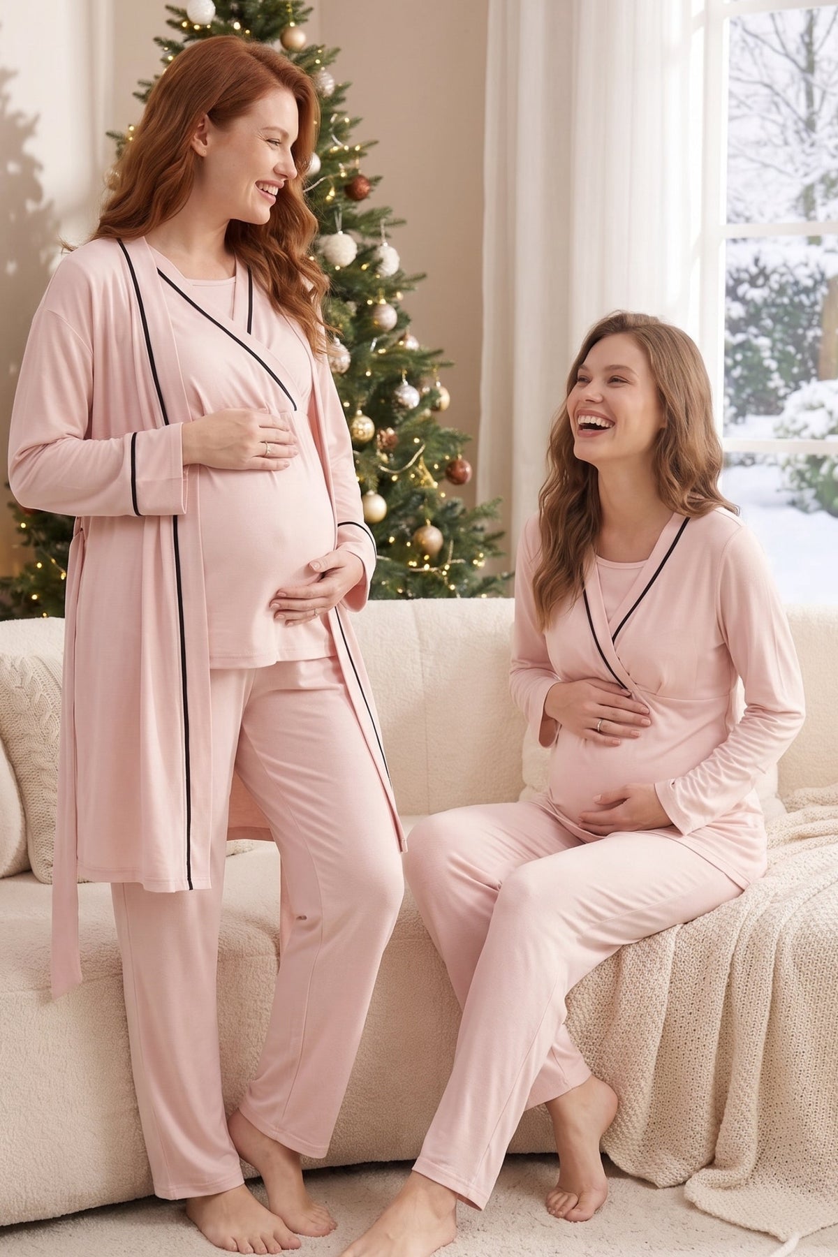 Pembe Biyeli Uzun Kollu Sabahlıklı Gizli Emzirme Özellikli Lohusa Pijama Takımı-546