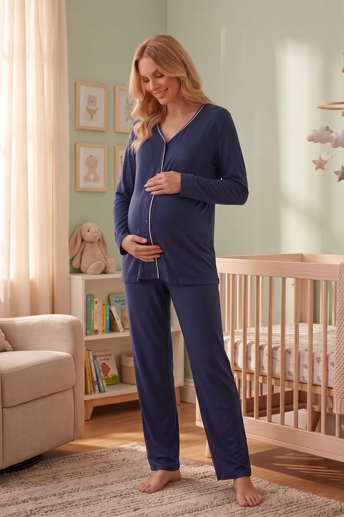 Yeni Sezon Lacivert Viskon Önden Düğmeli Lohusa Pijama Takımı-2234