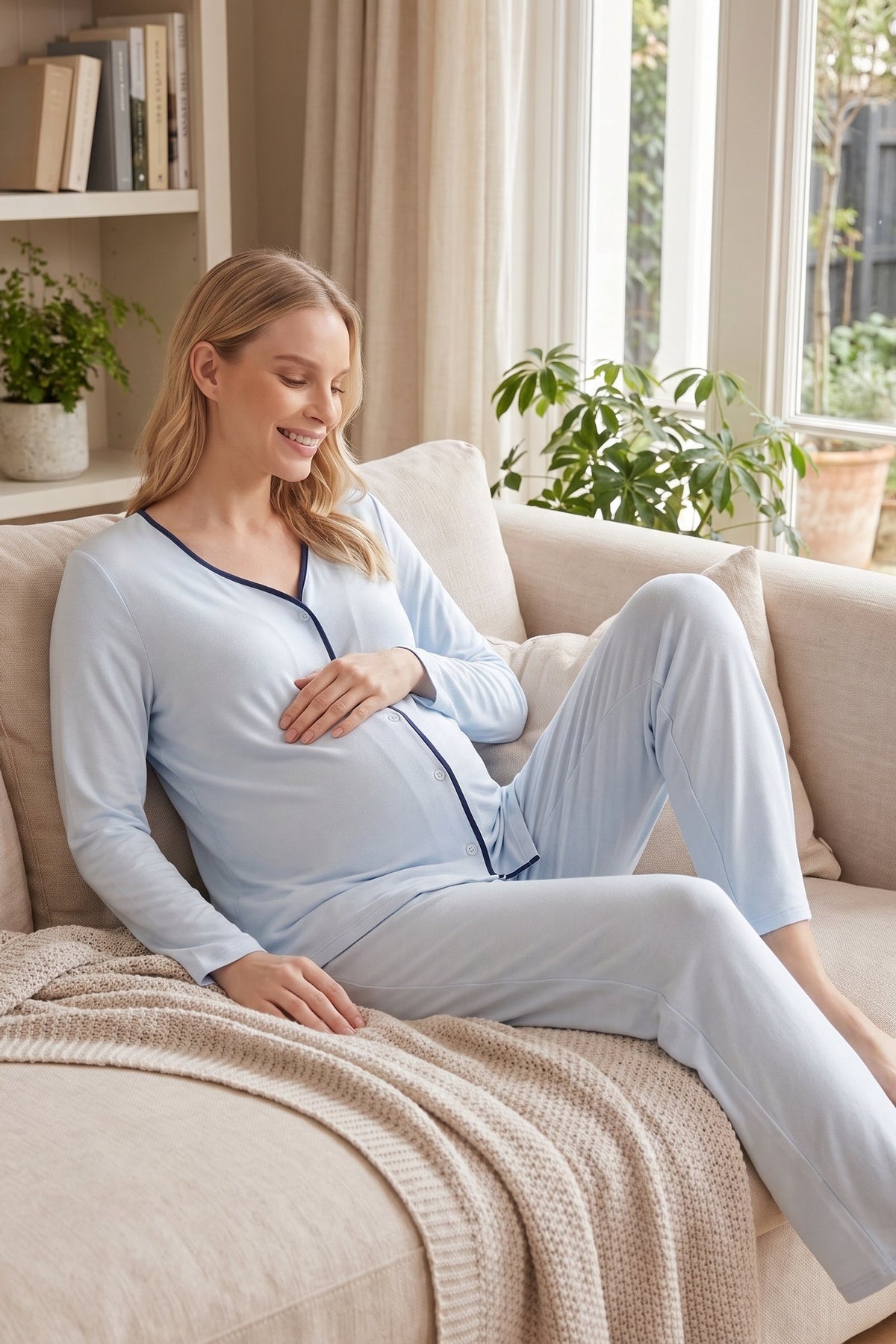 Yeni Sezon Mavi Viskon Önden Düğmeli Lohusa Pijama Takımı-2233