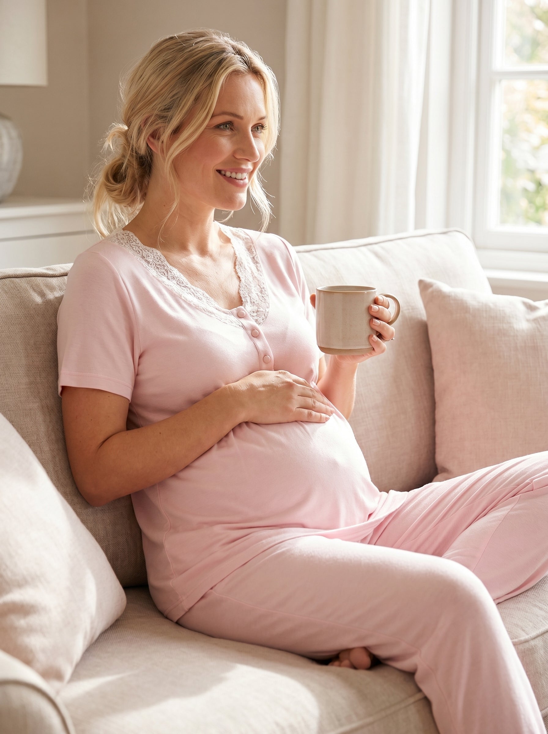 Yeni Sezon Pembe Kalp Desenli Sabahlıklı Lohusa Pijama Takımı-2059