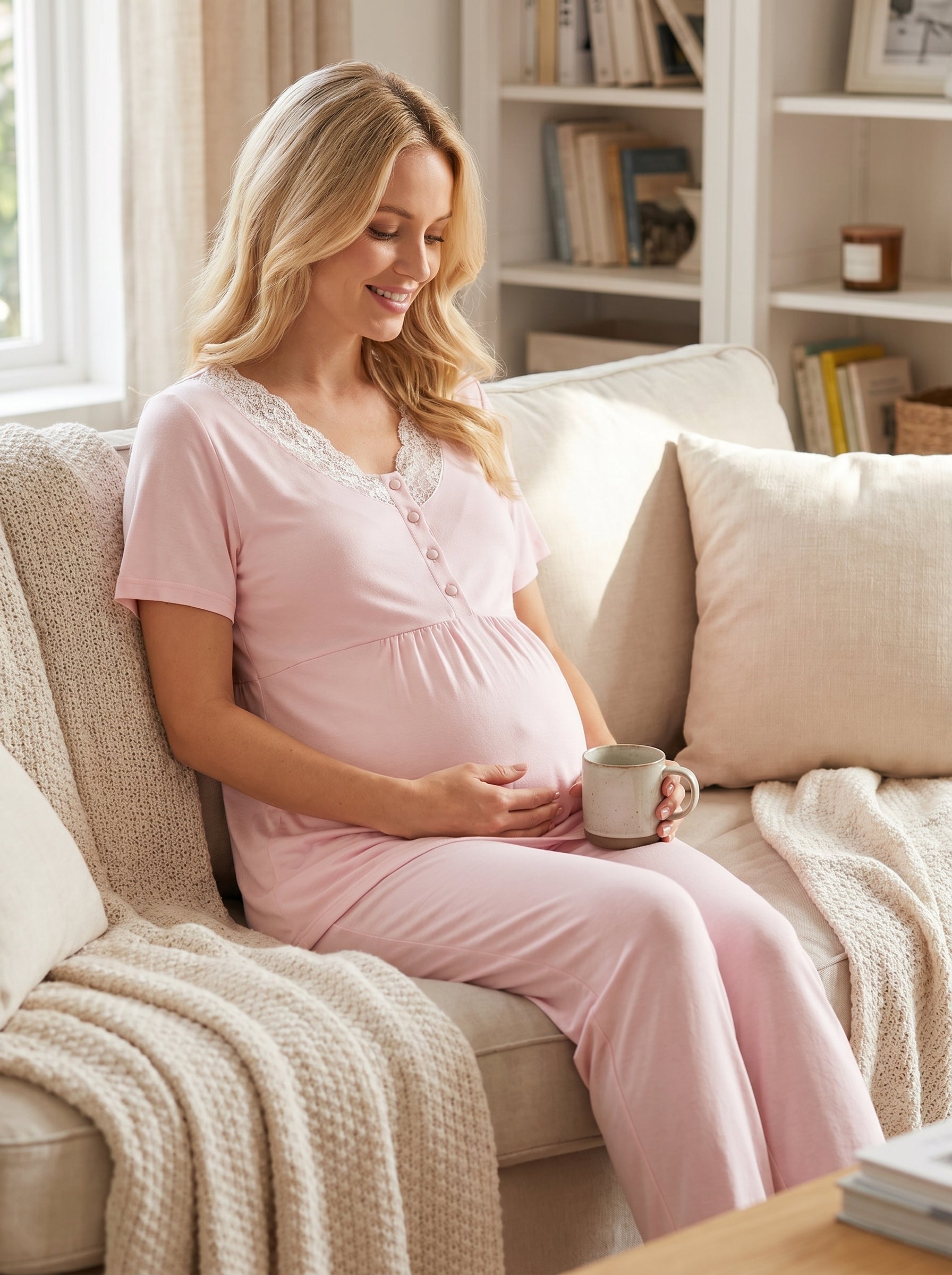 Yeni Sezon Pembe Kalp Desenli Sabahlıklı Lohusa Pijama Takımı-2059
