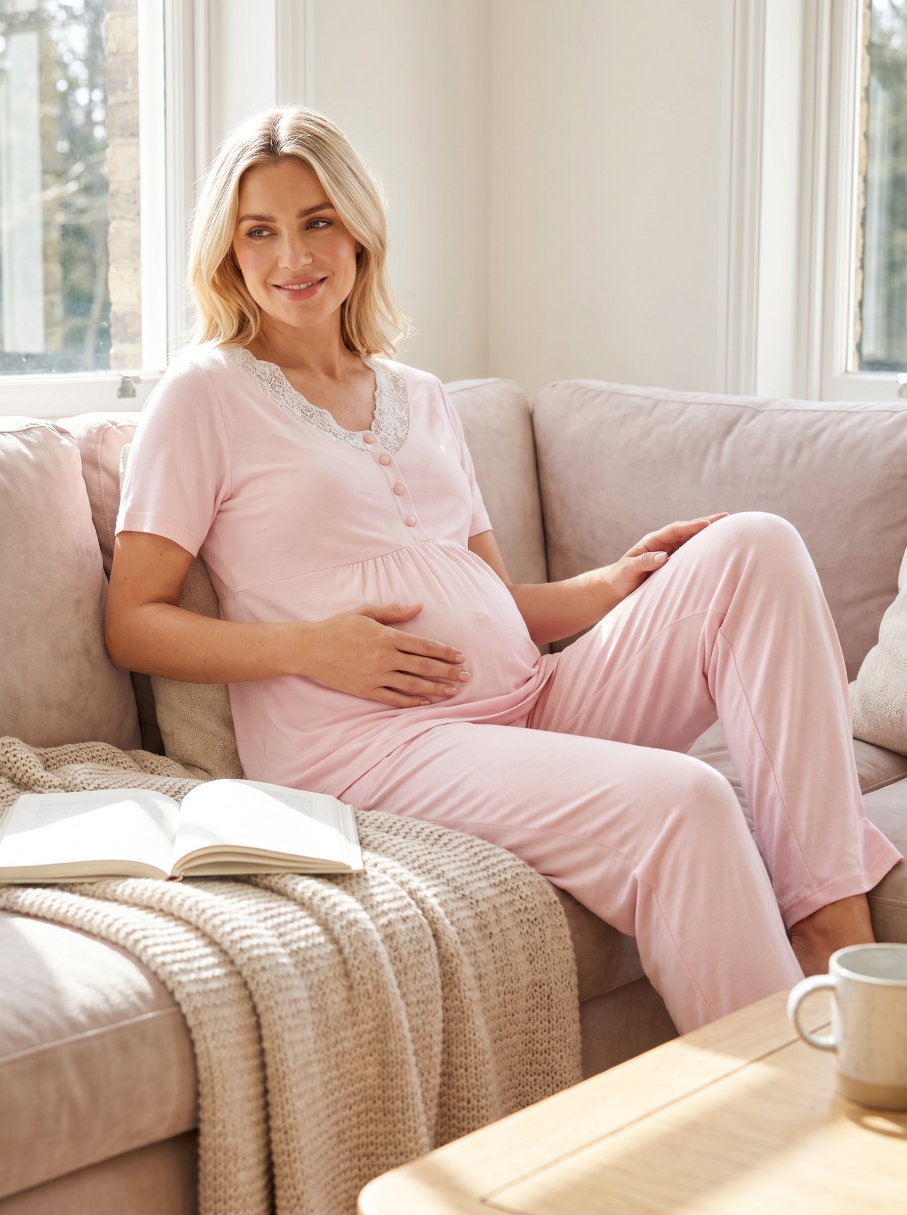 Yeni Sezon Pembe Kalp Desenli Sabahlıklı Lohusa Pijama Takımı-2059