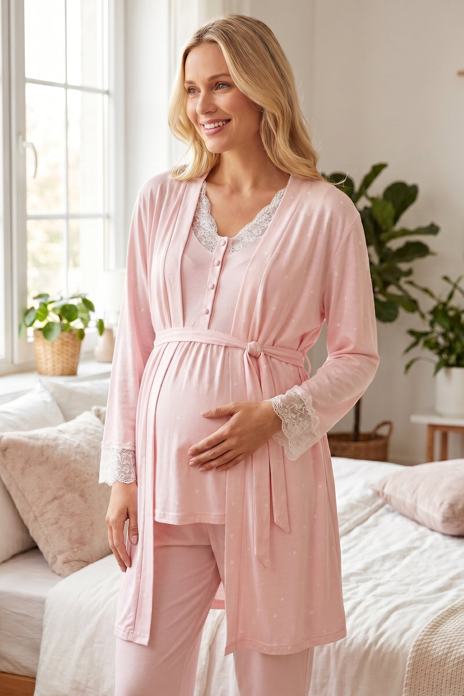 Yeni Sezon Pembe Kalp Desenli Sabahlıklı Lohusa Pijama Takımı-2059