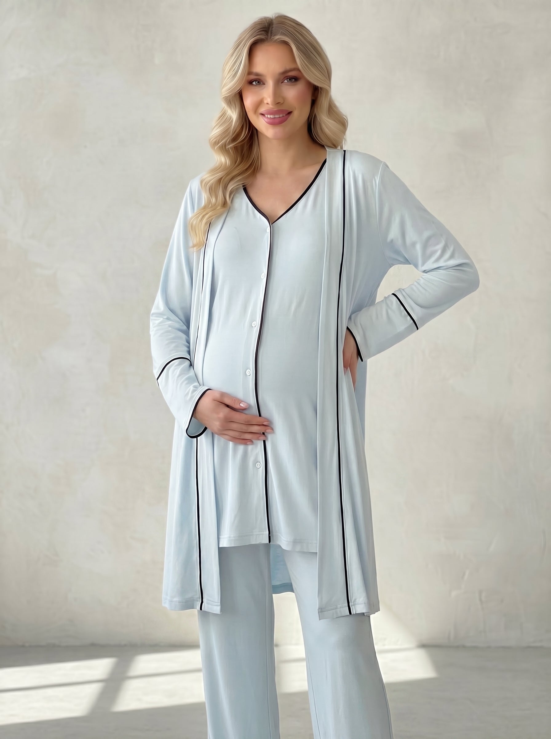 Yeni Sezon Mavi Önden Düğmeli Sabahlıklı  Lohusa Pijama Takımı-2036