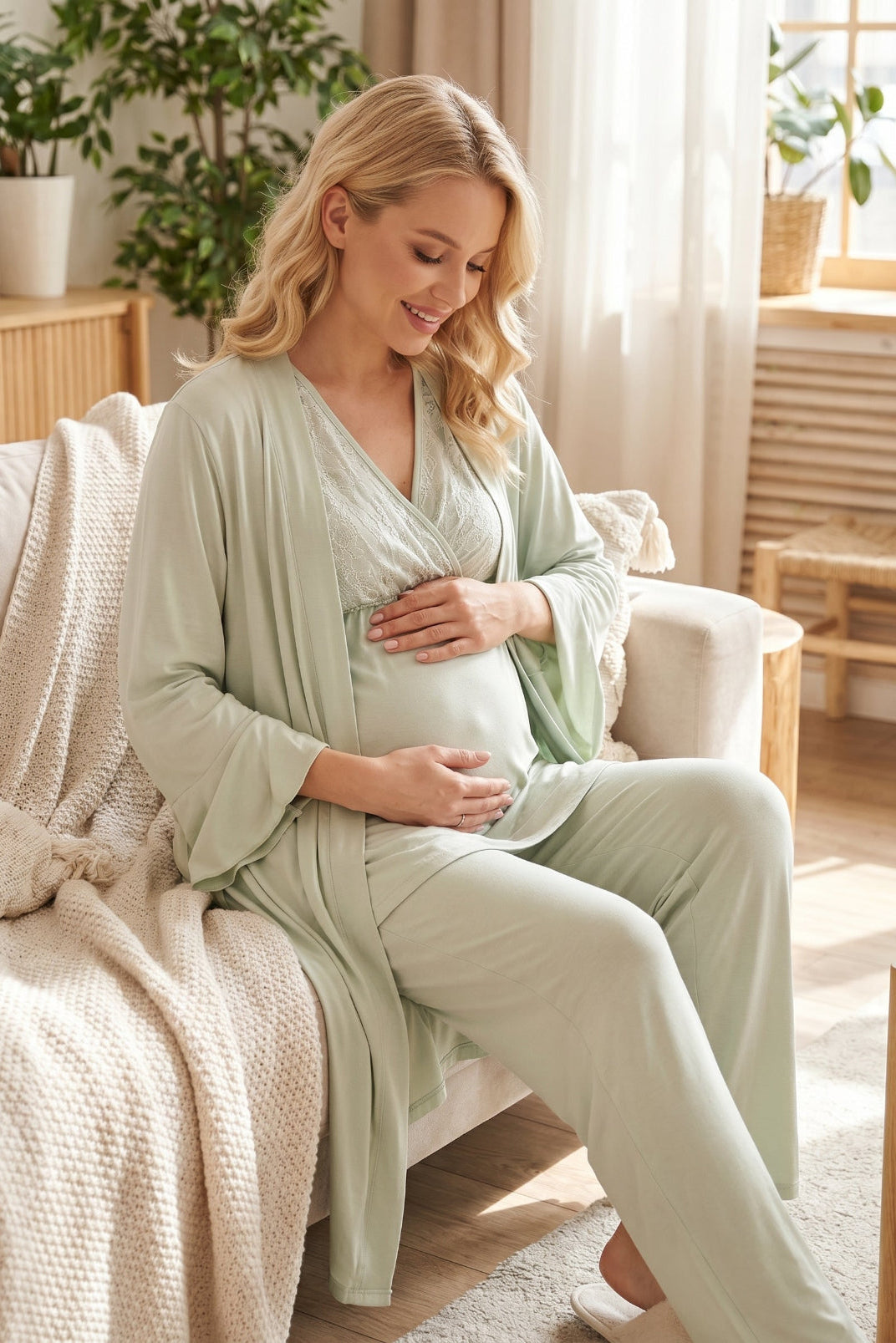 Mint Yeşili Volan Kol Sabahlıklı Dantelli Kruvaze Lohusa Pijama Takımı - 502