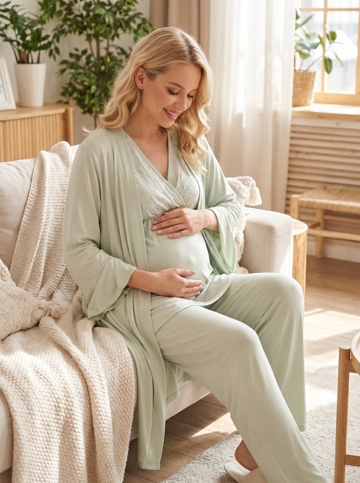 Mint Yeşili Volan Kol Sabahlıklı Dantelli Kruvaze Lohusa Pijama Takımı - 502