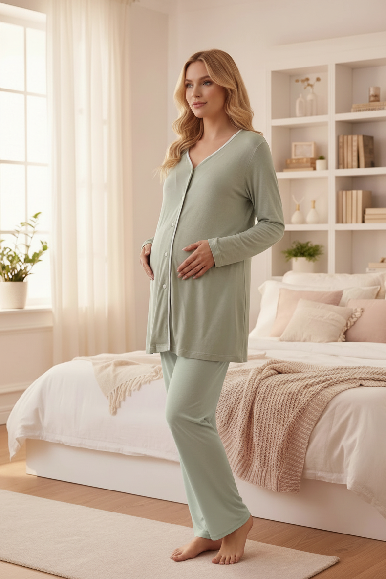 Yeni Sezon Yeşil Viskon Önden Düğmeli Lohusa Pijama Takımı-2230