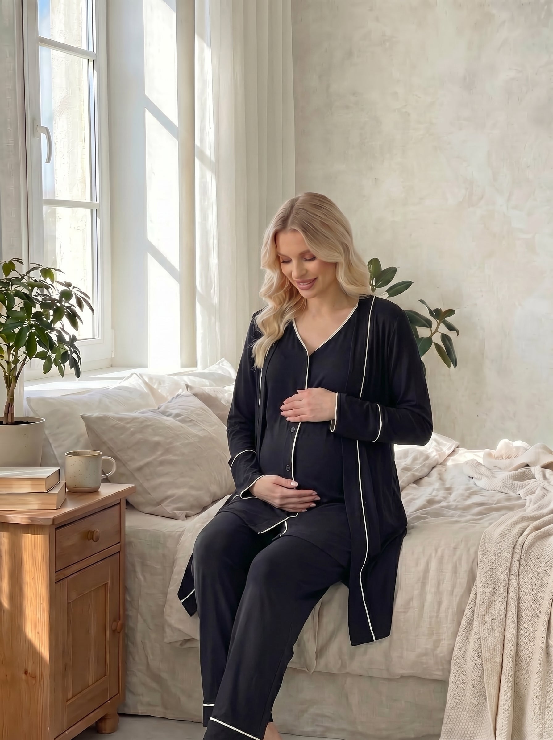 Yeni Sezon Siyah Önden Düğmeli Sabahlıklı  Lohusa Pijama Takımı-2037