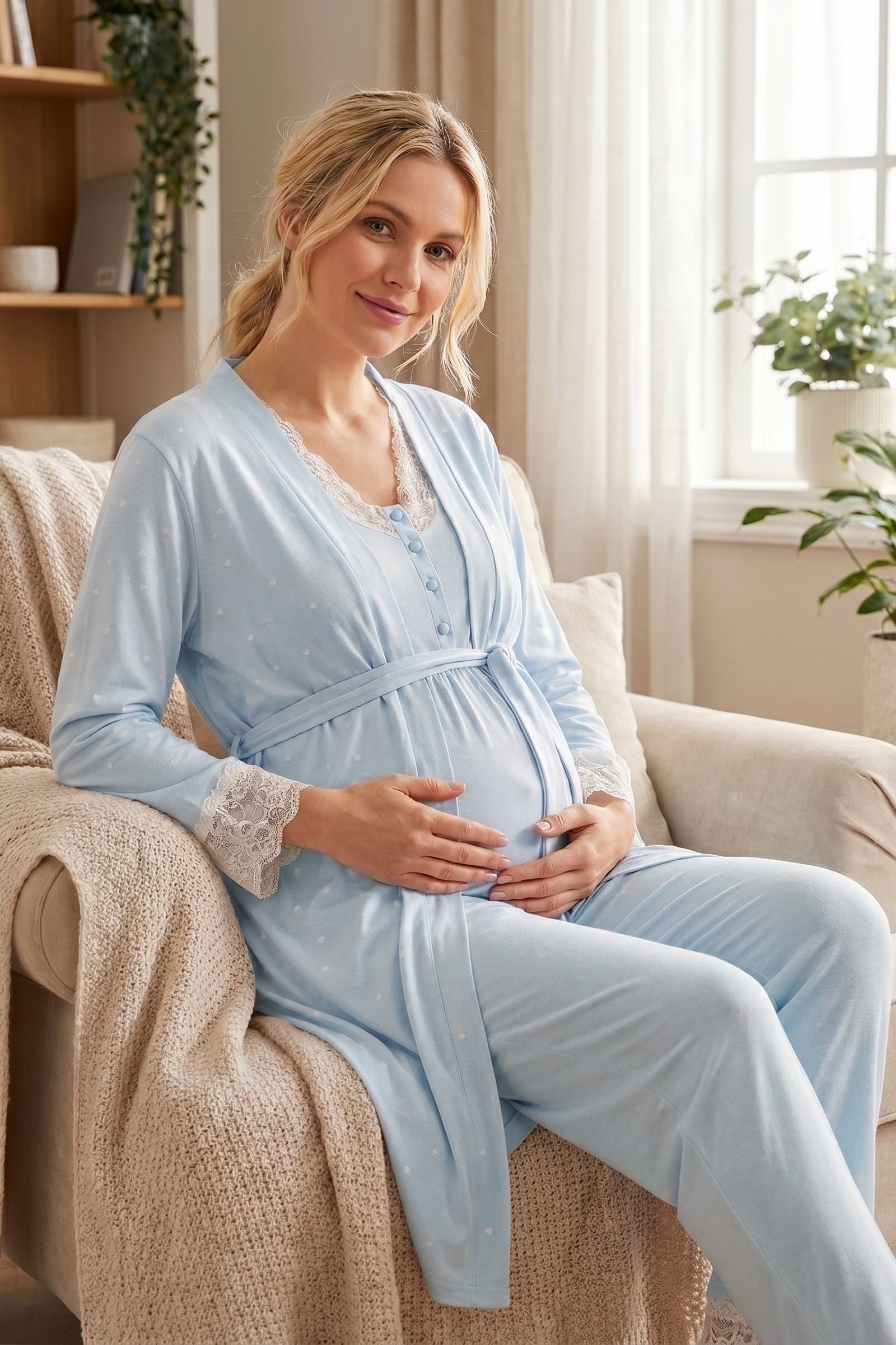 Yeni Sezon Mavi Kalp Desenli Sabahlıklı Lohusa Pijama Takımı-2060