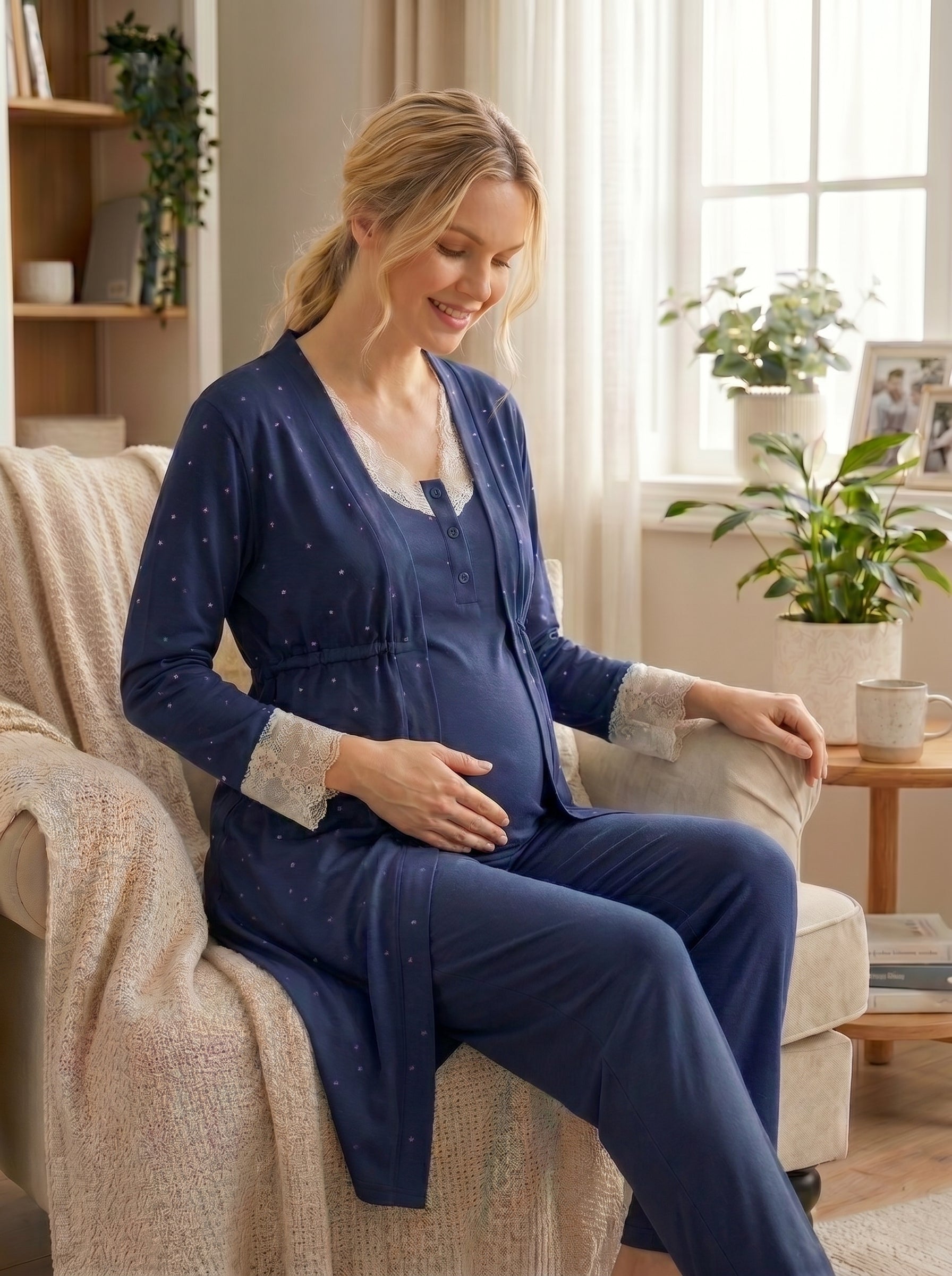 Yeni Sezon Lacivert Kalp Desenli Sabahlıklı Lohusa Pijama Takımı-2061