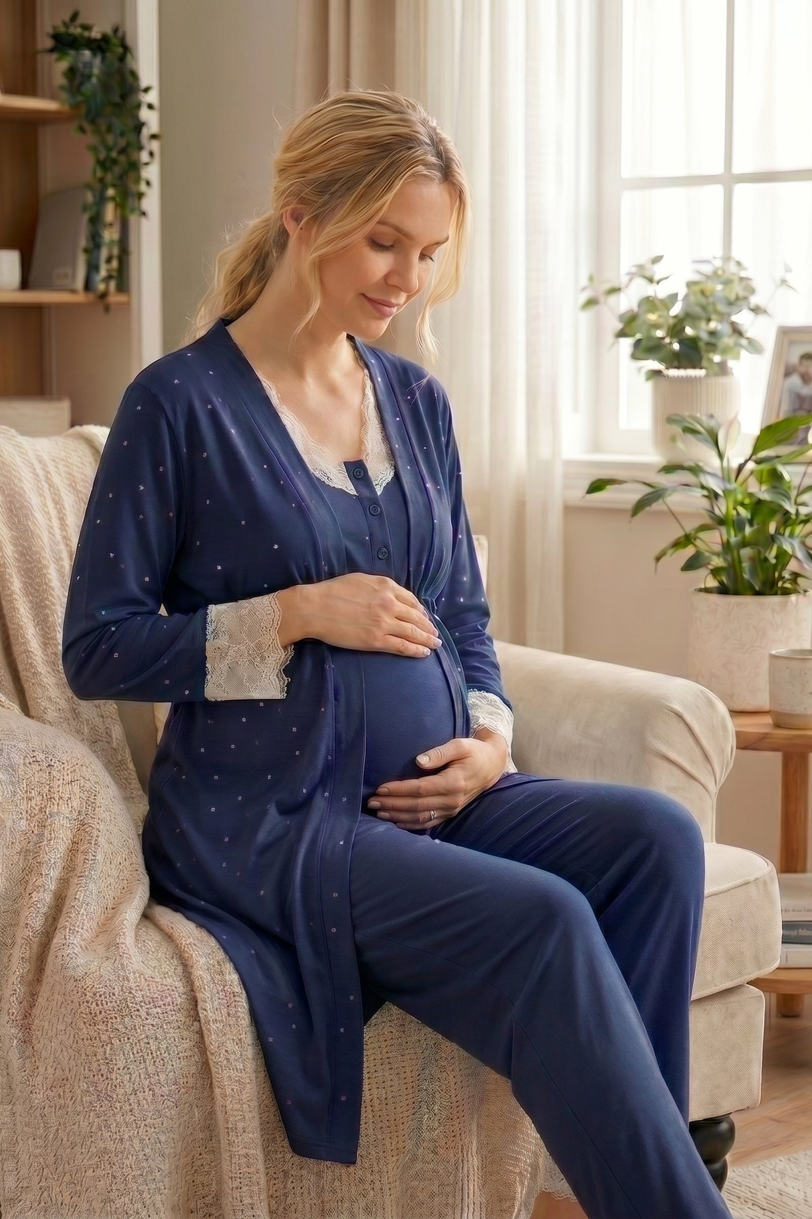 Yeni Sezon Lacivert Kalp Desenli Sabahlıklı Lohusa Pijama Takımı-2061