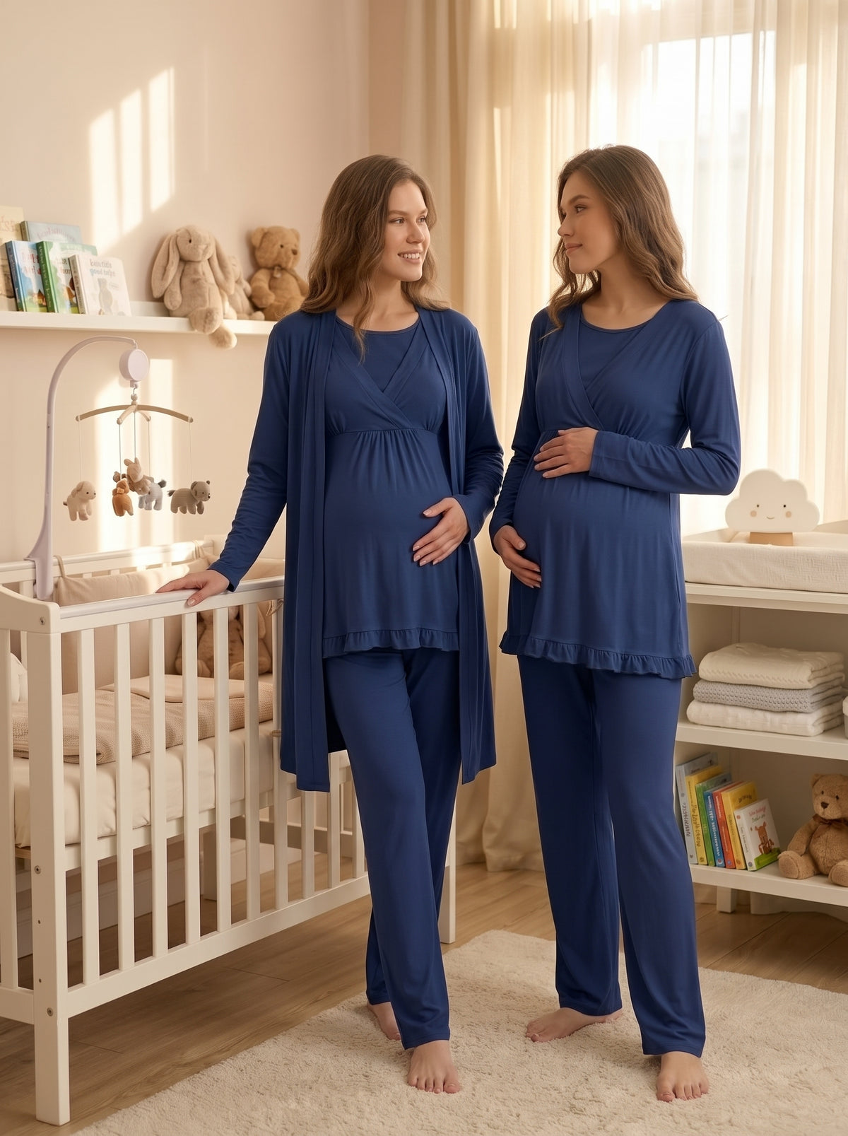 Yeni Sezon Lacivert Kruvaze Sade Uzun Kollu Sabahlıklı Lohusa Pijama Takımı - 651