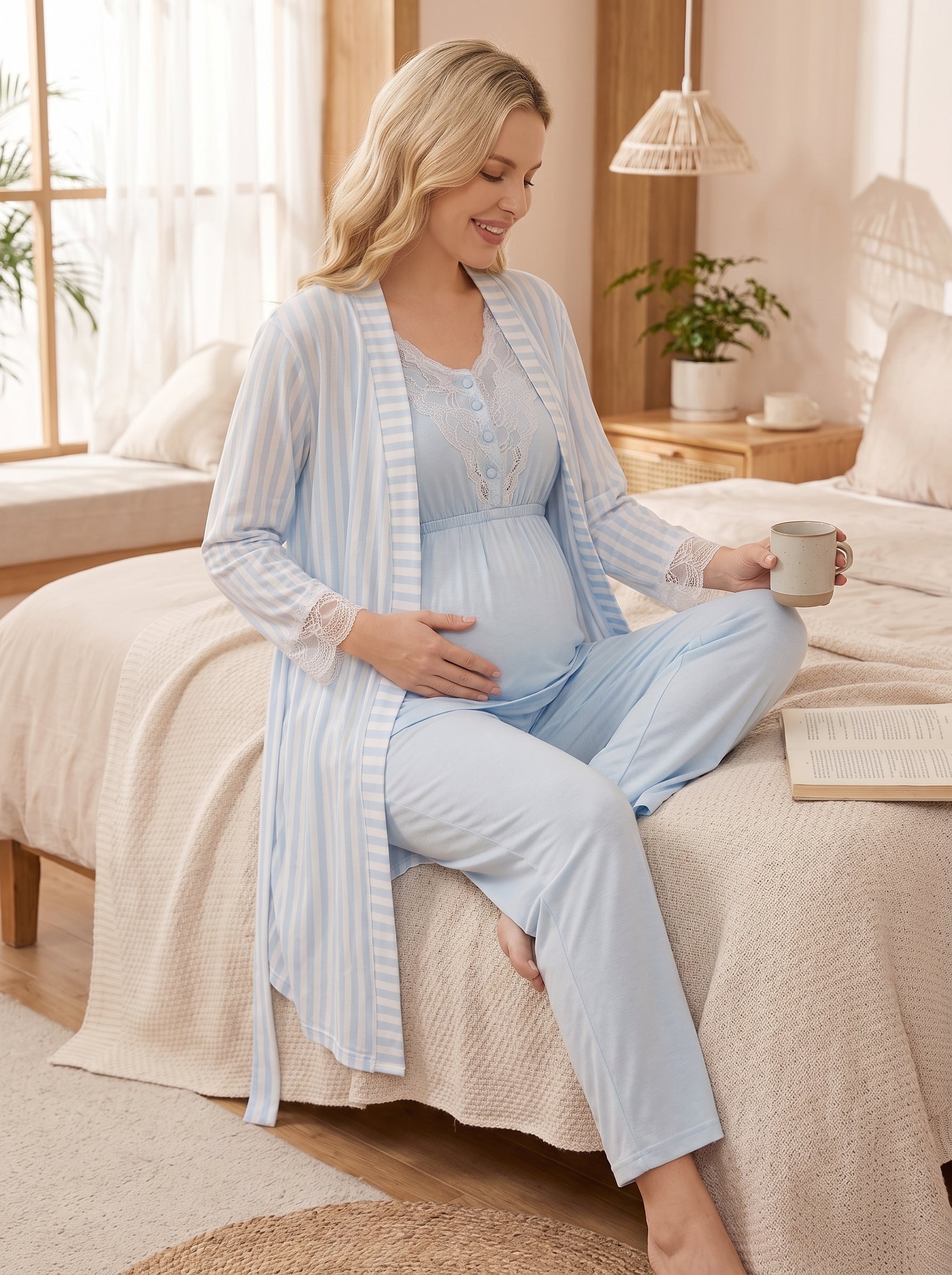 Yeni Sezon Mavi Çizgili Sabahlıklı Lohusa Pijama Takımı-2054