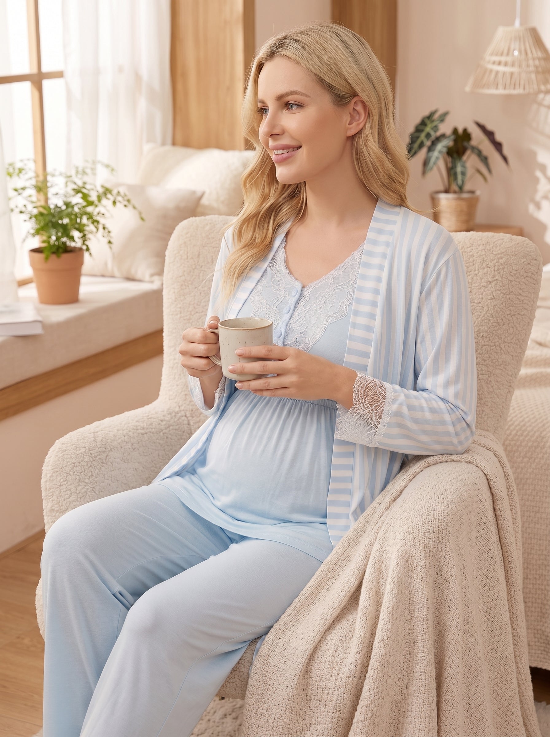Yeni Sezon Mavi Çizgili Sabahlıklı Lohusa Pijama Takımı-2054