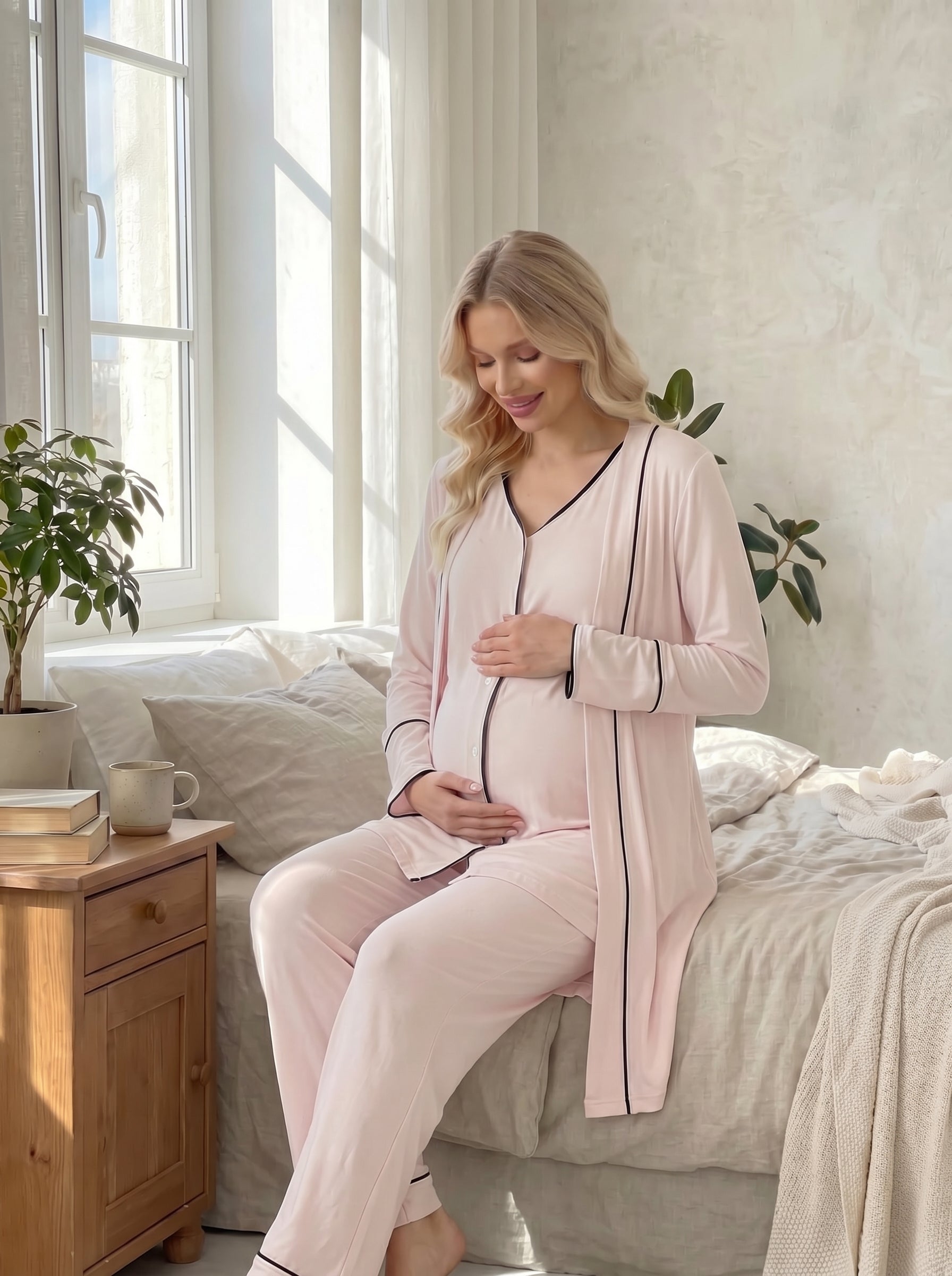 Yeni Sezon Pembe Önden Düğmeli Sabahlıklı  Lohusa Pijama Takımı-2038