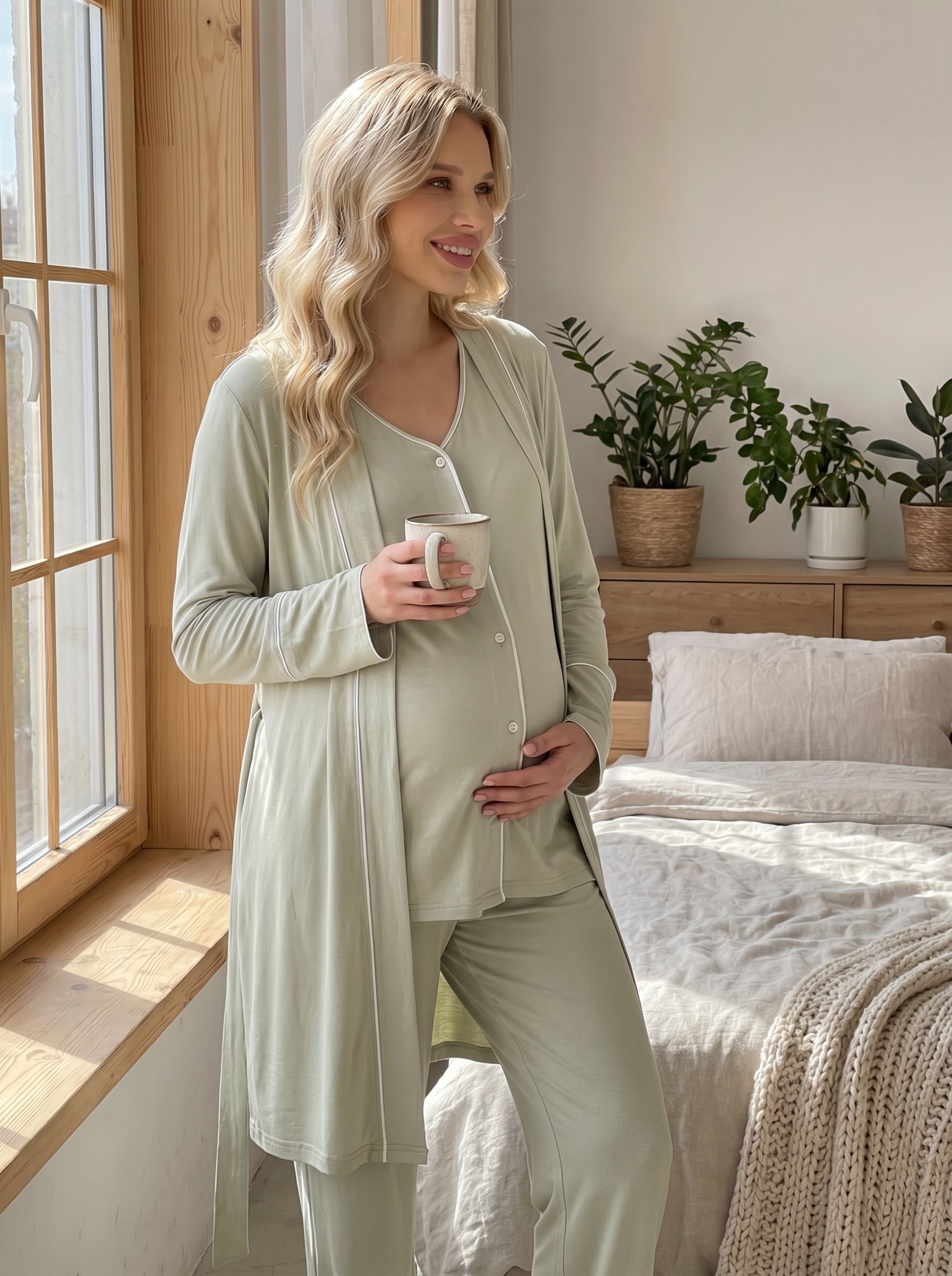 Yeni Sezon Yeşil Önden Düğmeli Sabahlıklı  Lohusa Pijama Takımı-2039