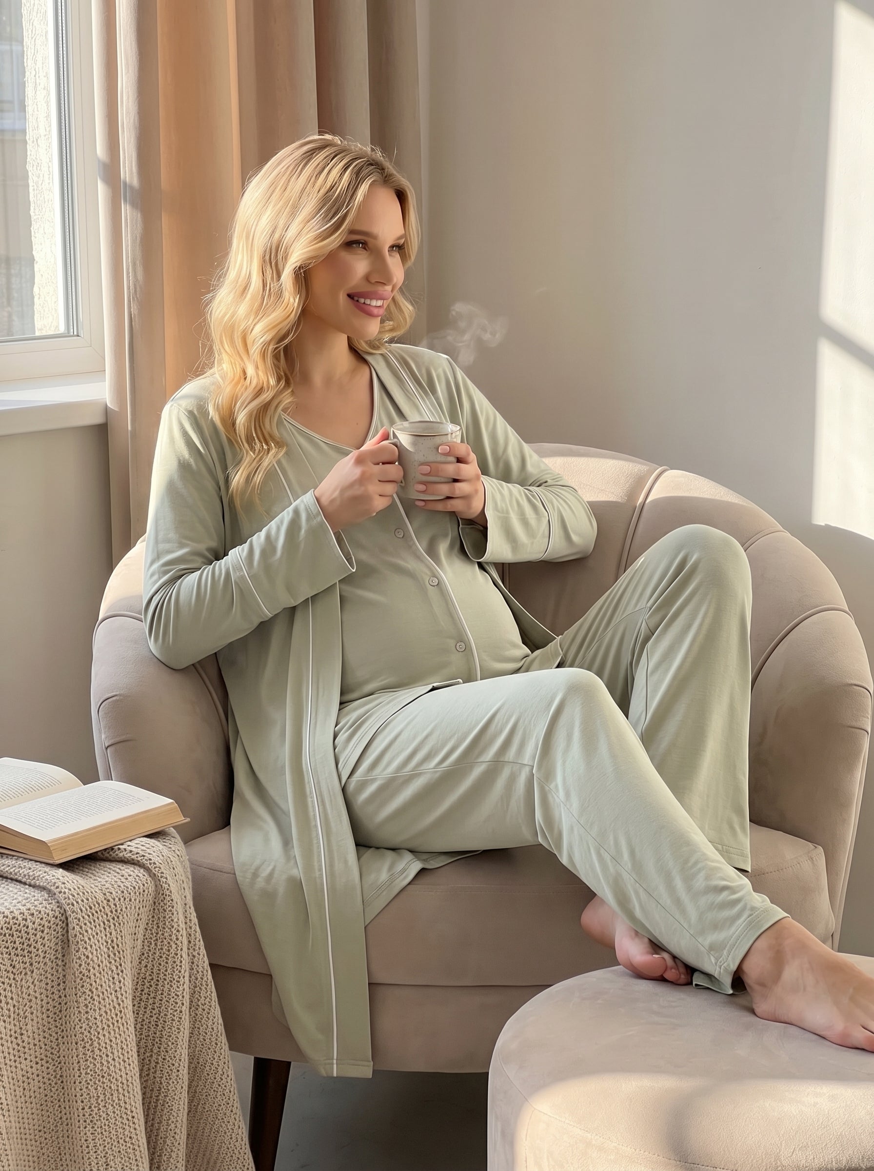 Yeni Sezon Yeşil Önden Düğmeli Sabahlıklı  Lohusa Pijama Takımı-2039