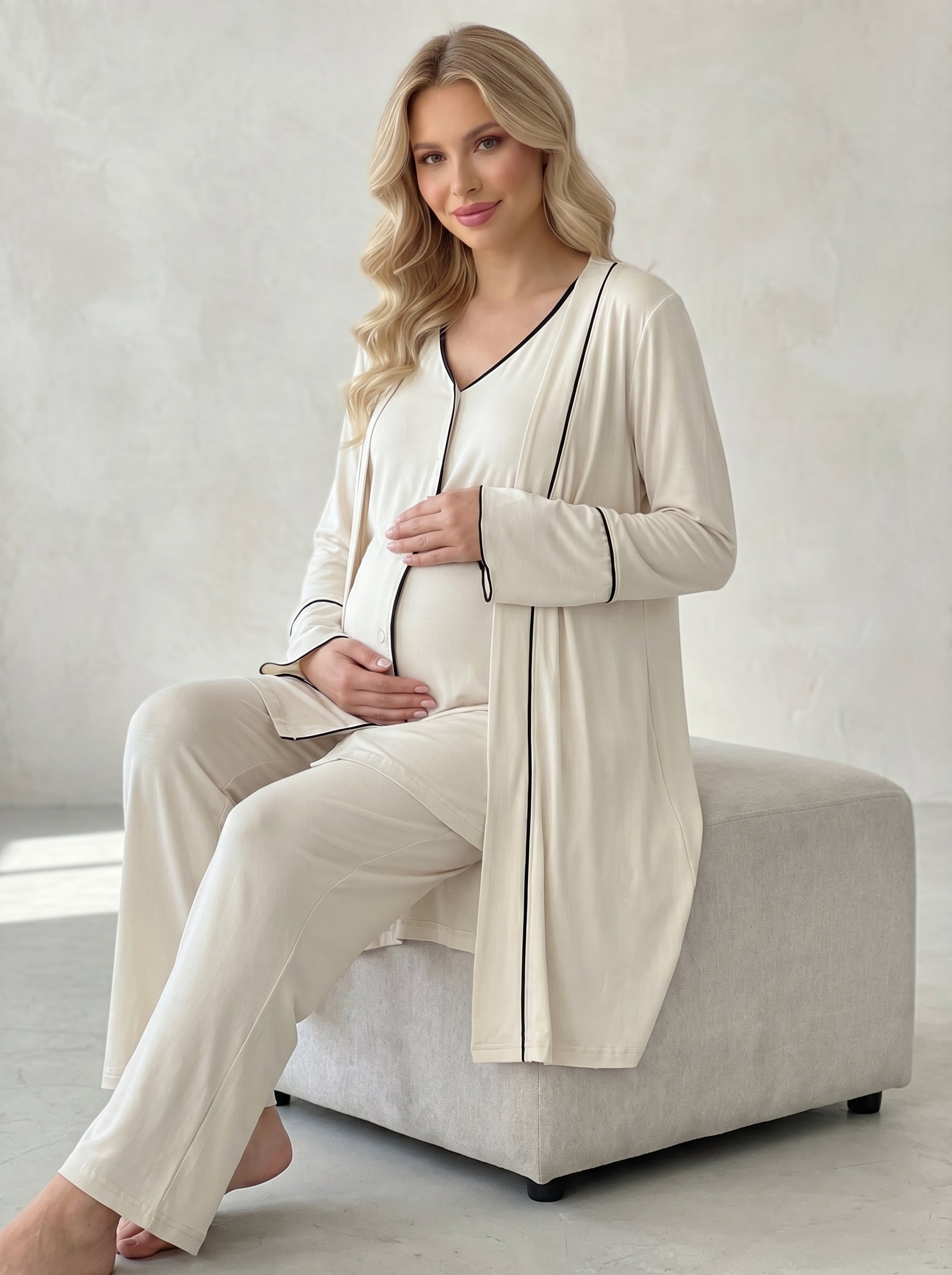 Yeni Sezon Ekru Önden Düğmeli Sabahlıklı  Lohusa Pijama Takımı-2035